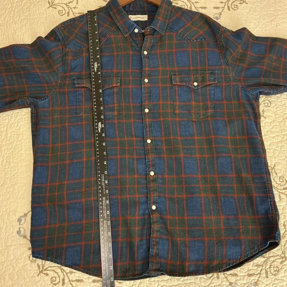 Lucky Brand Plaid Western Shirt Mens XL Blue Red Plaid Excellent Pearl Snap